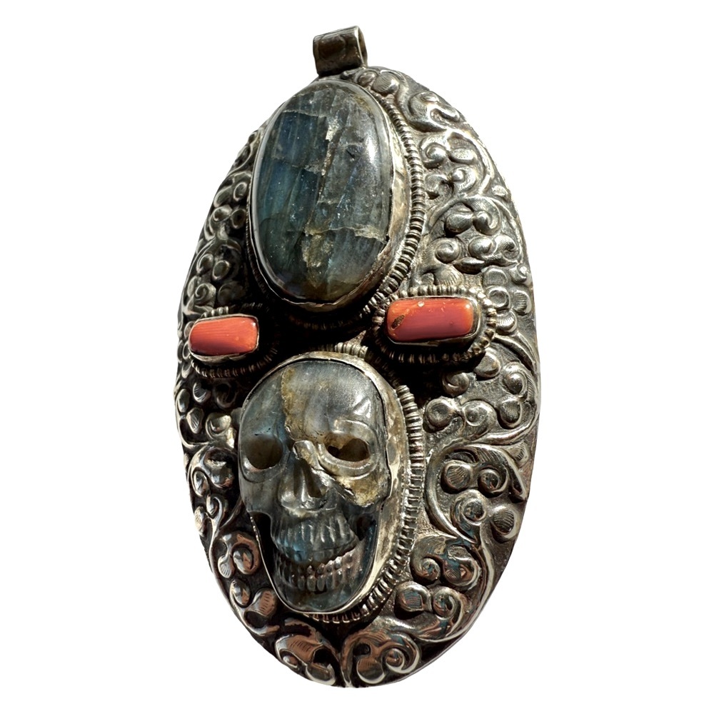 Tribal Tibetan Skull Labradorite Silver Red Jasper Carved Pendant